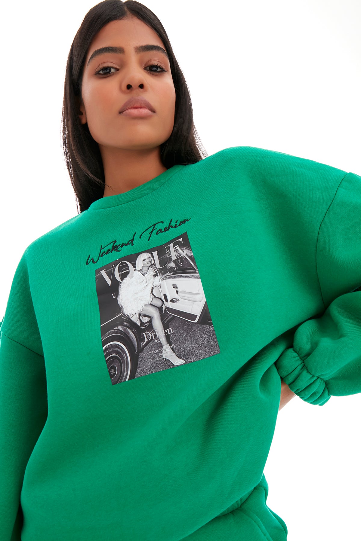 Women's Green Color Three Thread Inside Raised Front Printed Sweatshirt