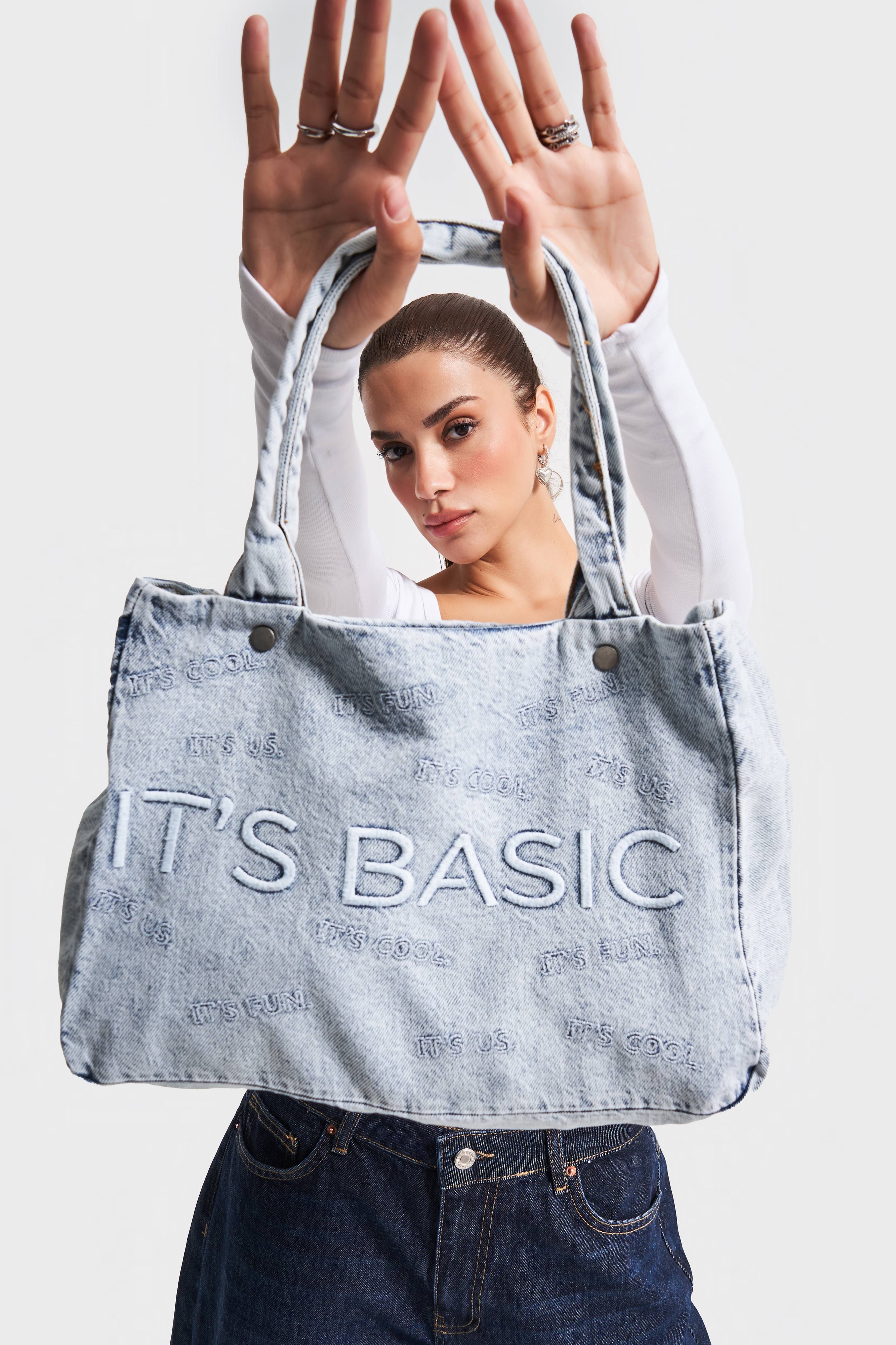 Kot Rengi IT'S BASIC Nakışlı Çıt Çıtlı Orta Boy Denim Çanta