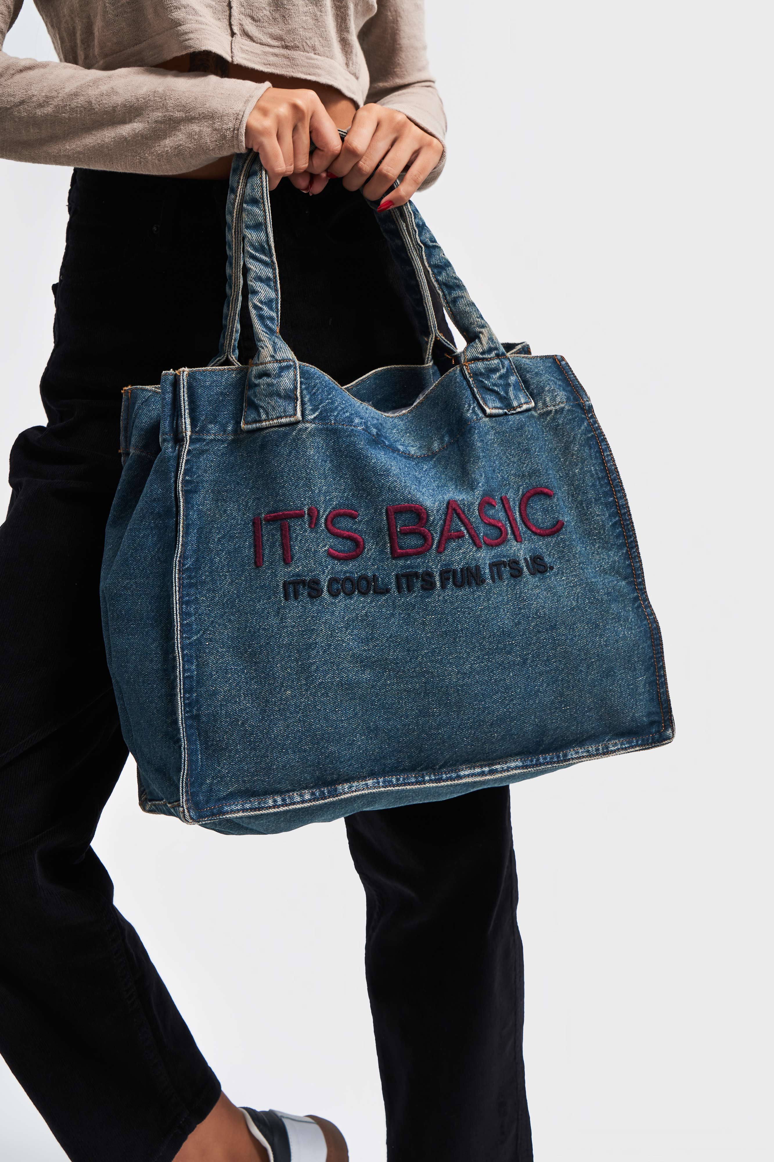 Its basic Claret Red Embroidered Gusseted Shoulder Denim Bag in Dark Denim Color