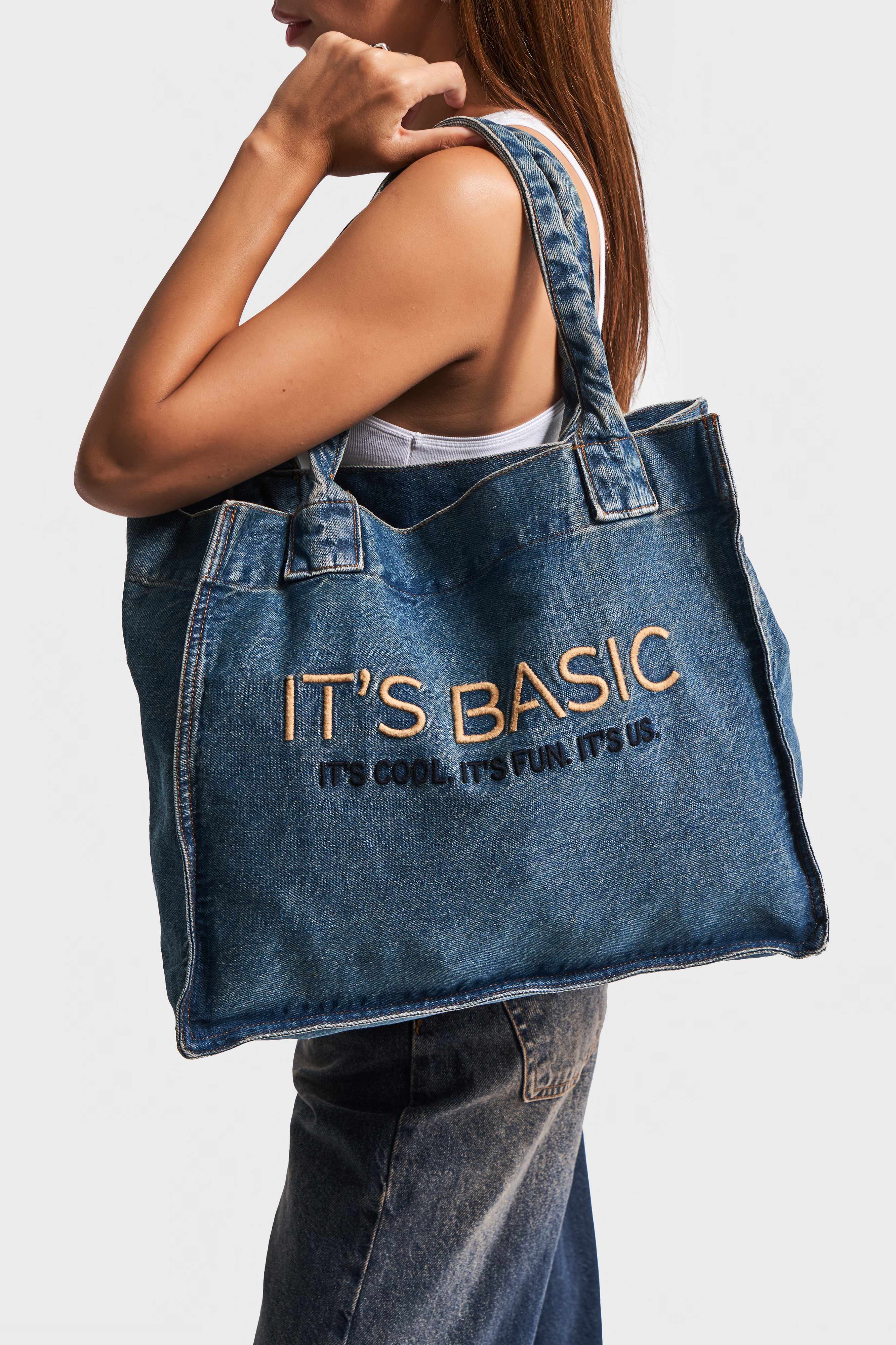 Dark Denim Color Its basic Embroidered Gusseted Shoulder Denim Bag