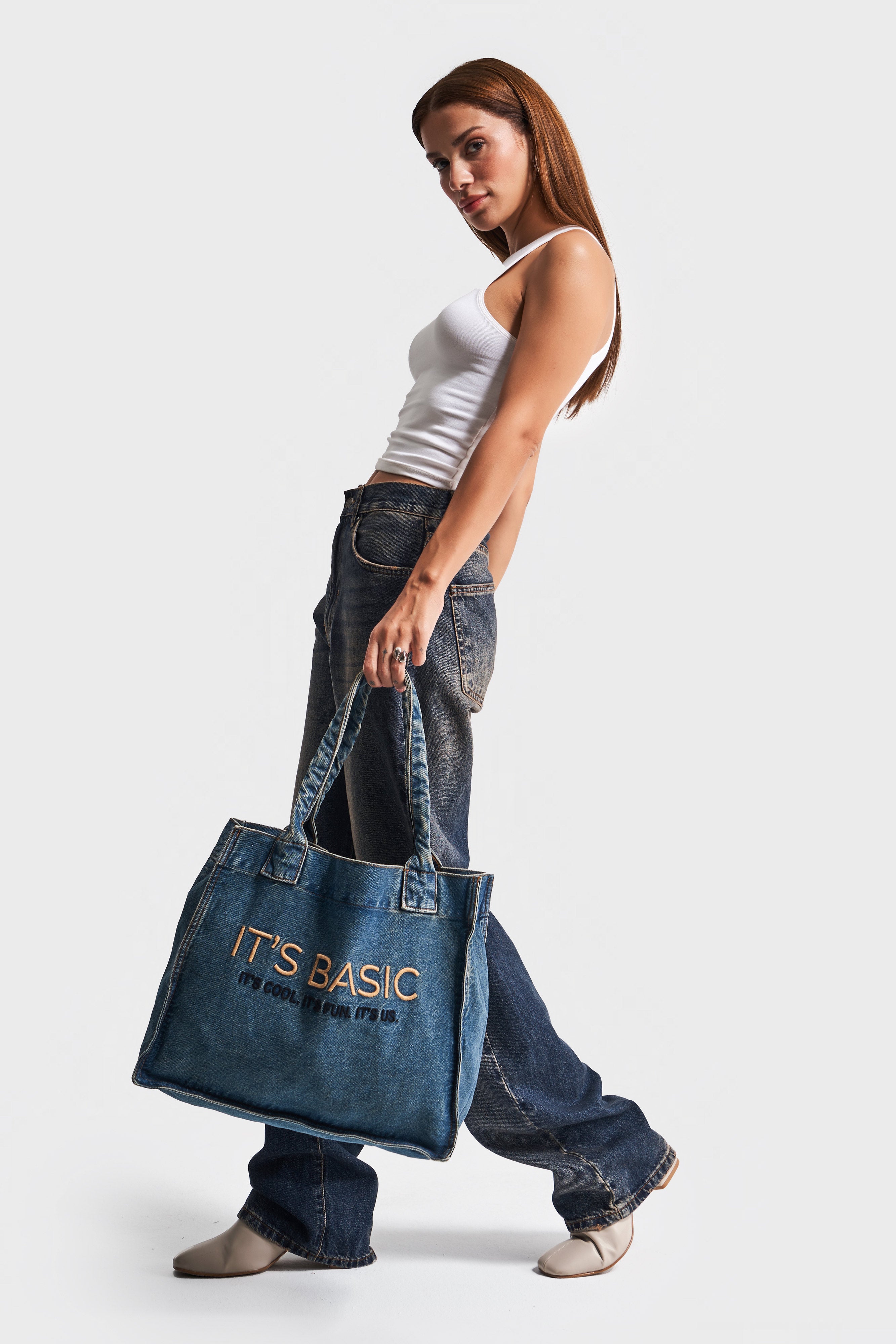 Dark Denim Color Its basic Embroidered Gusseted Shoulder Denim Bag