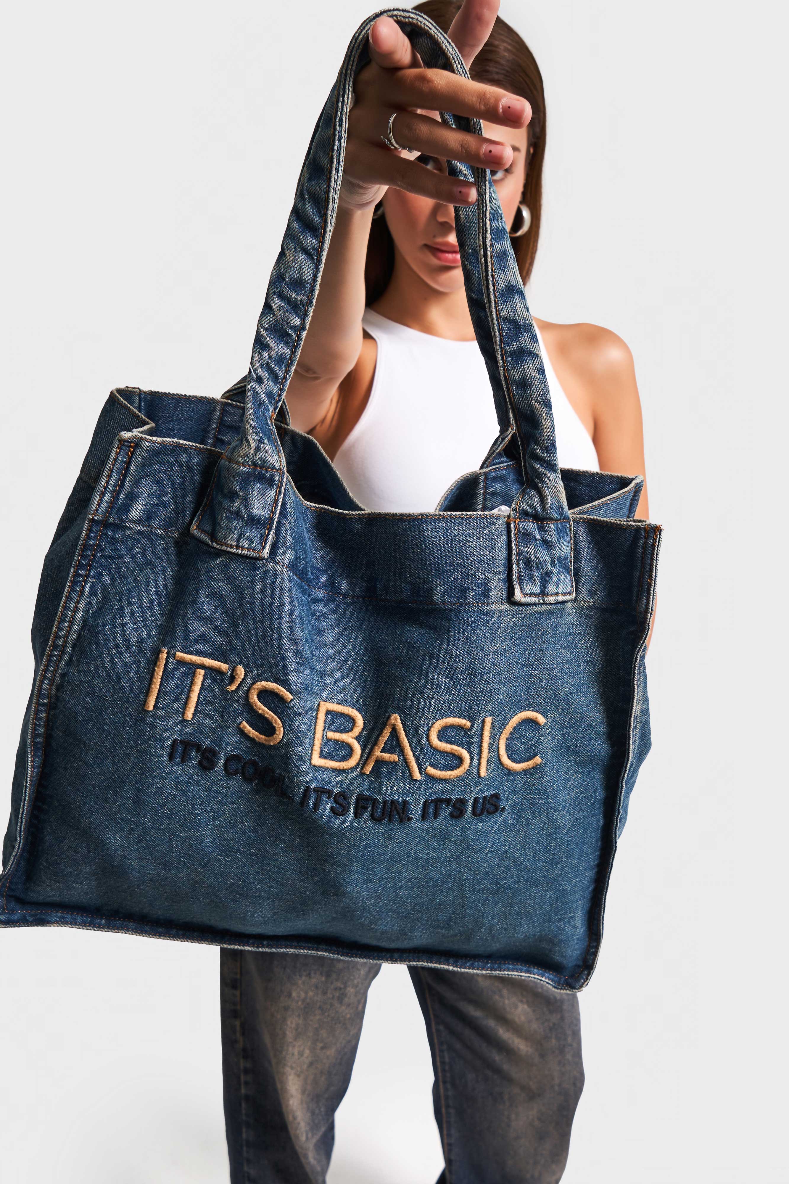 Dark Denim Color Its basic Embroidered Gusseted Shoulder Denim Bag