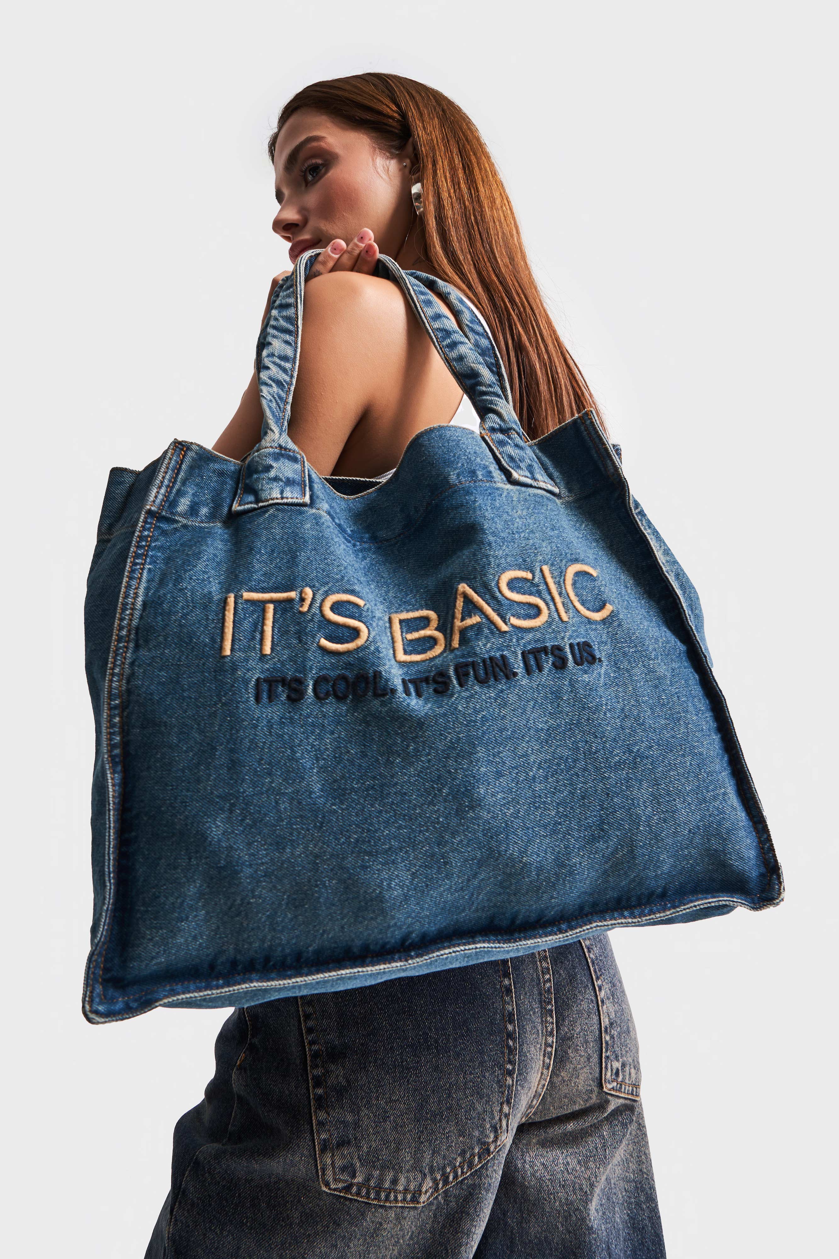 Dark Denim Color Its basic Embroidered Gusseted Shoulder Denim Bag