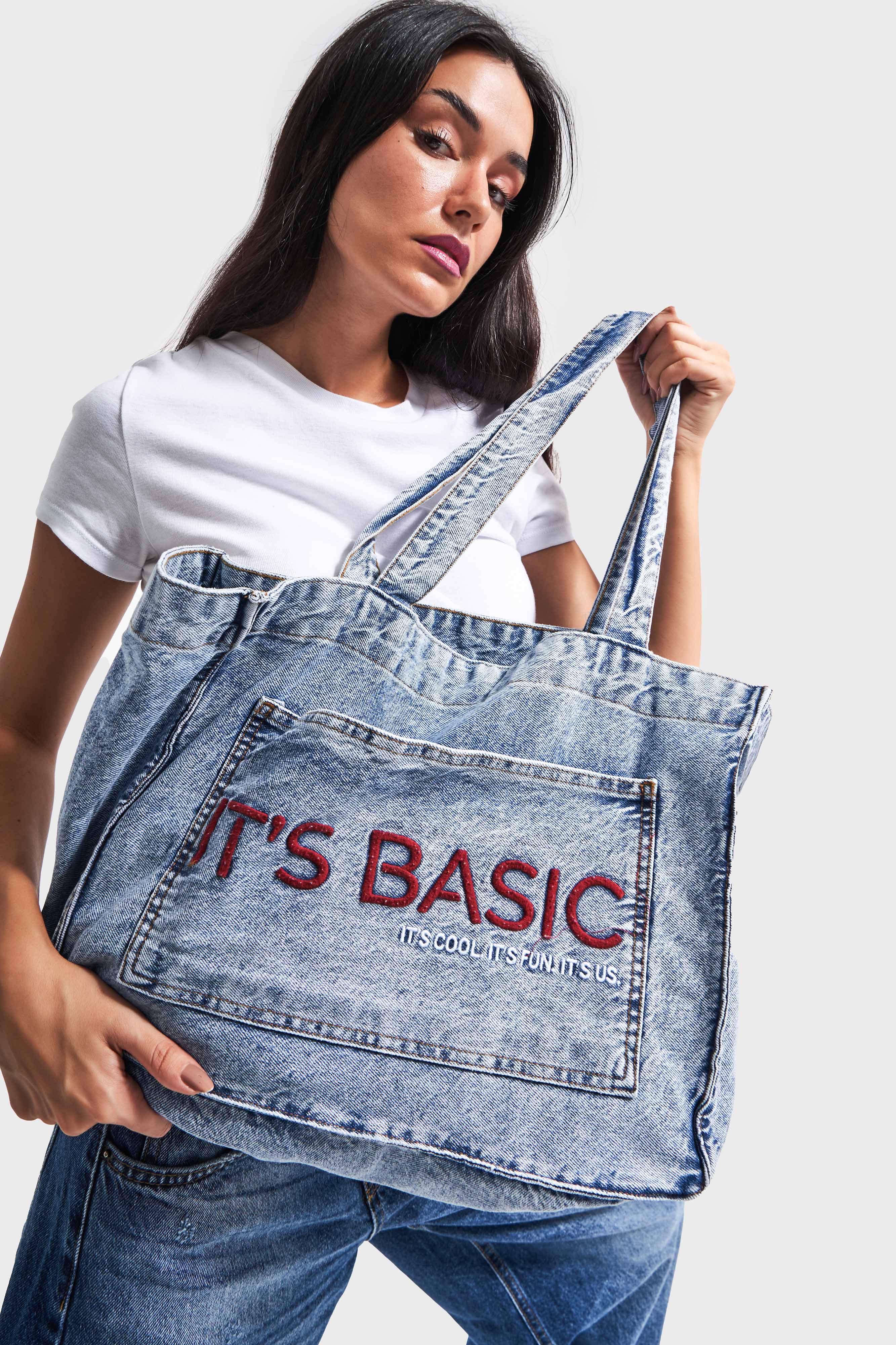 Koyu Mavi Renk S3w427 Bordo IT'S BASIC Nakışlı Körüklü Cepli Denim Çanta