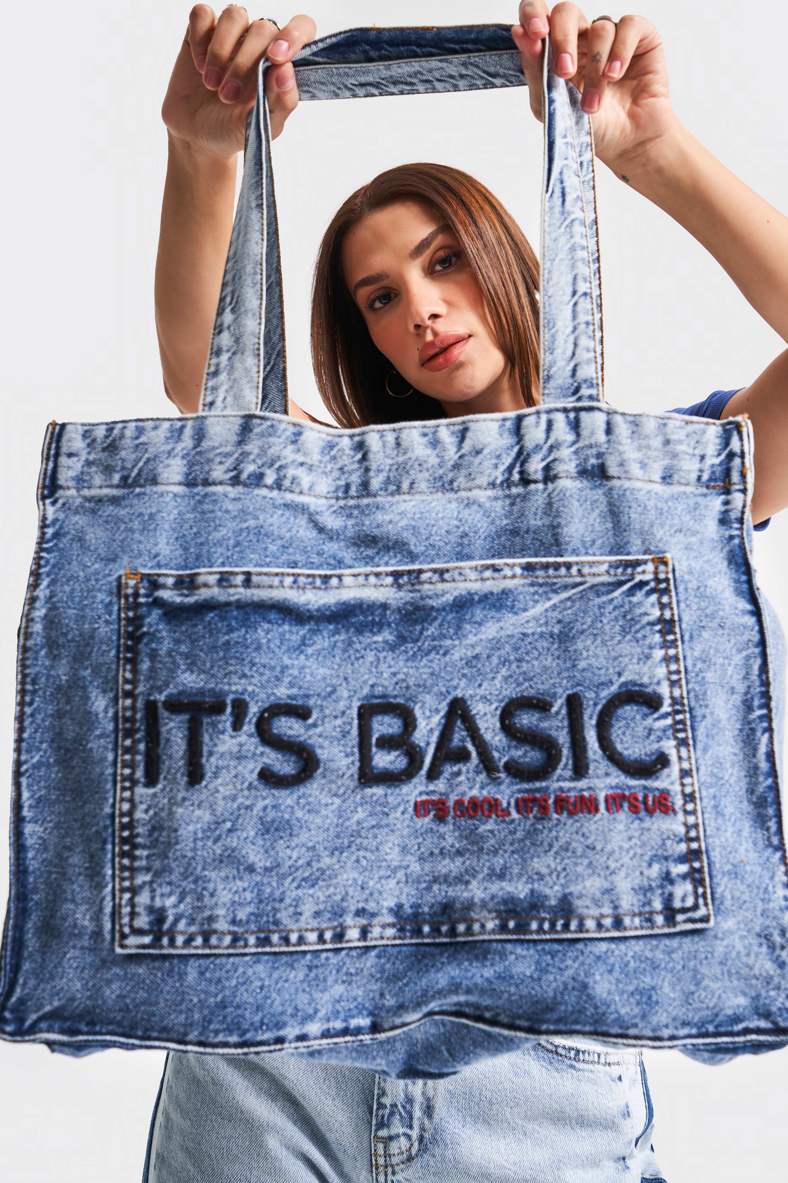 Koyu Mavi Renk S3w427 Bordo IT'S BASIC Nakışlı Körüklü Cepli Denim Çanta