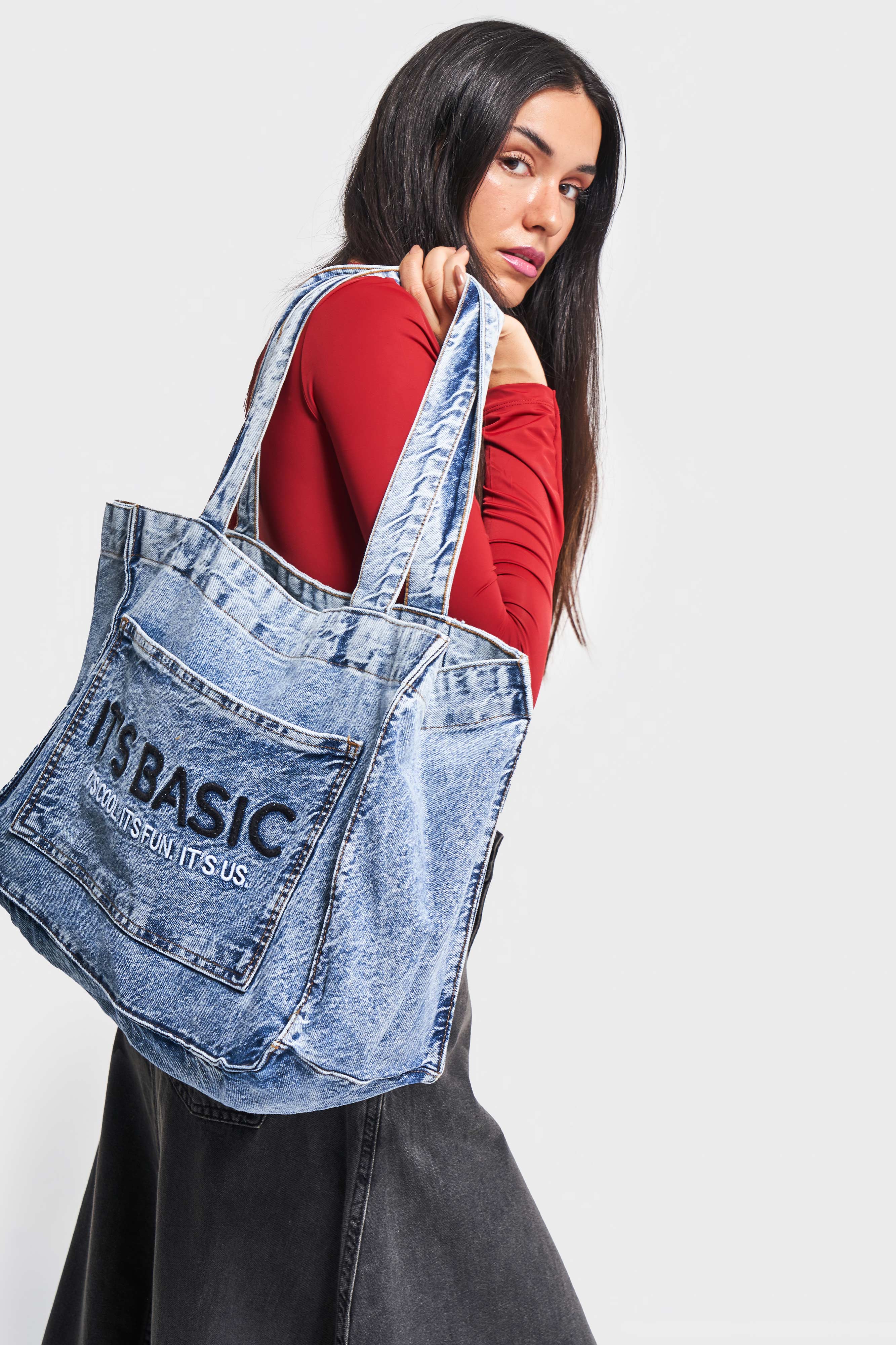 Koyu Mavi Renk S3w427 Mavi IT'S BASIC Nakışlı Körüklü Cepli Denim Çanta