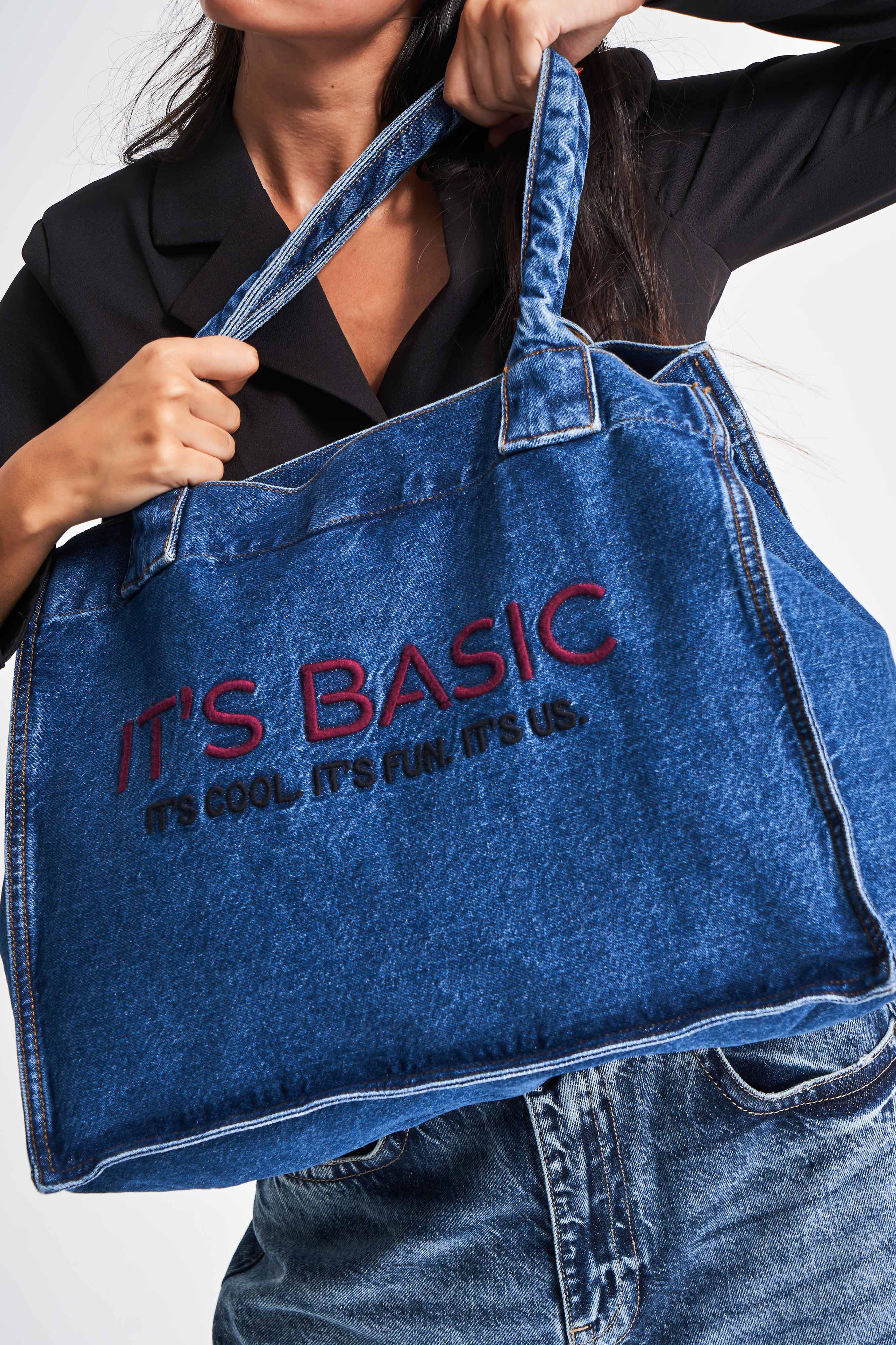 Mavi Kot Rengi Its basic Bordo Nakışlı Körüklü Askılı Denim Çanta