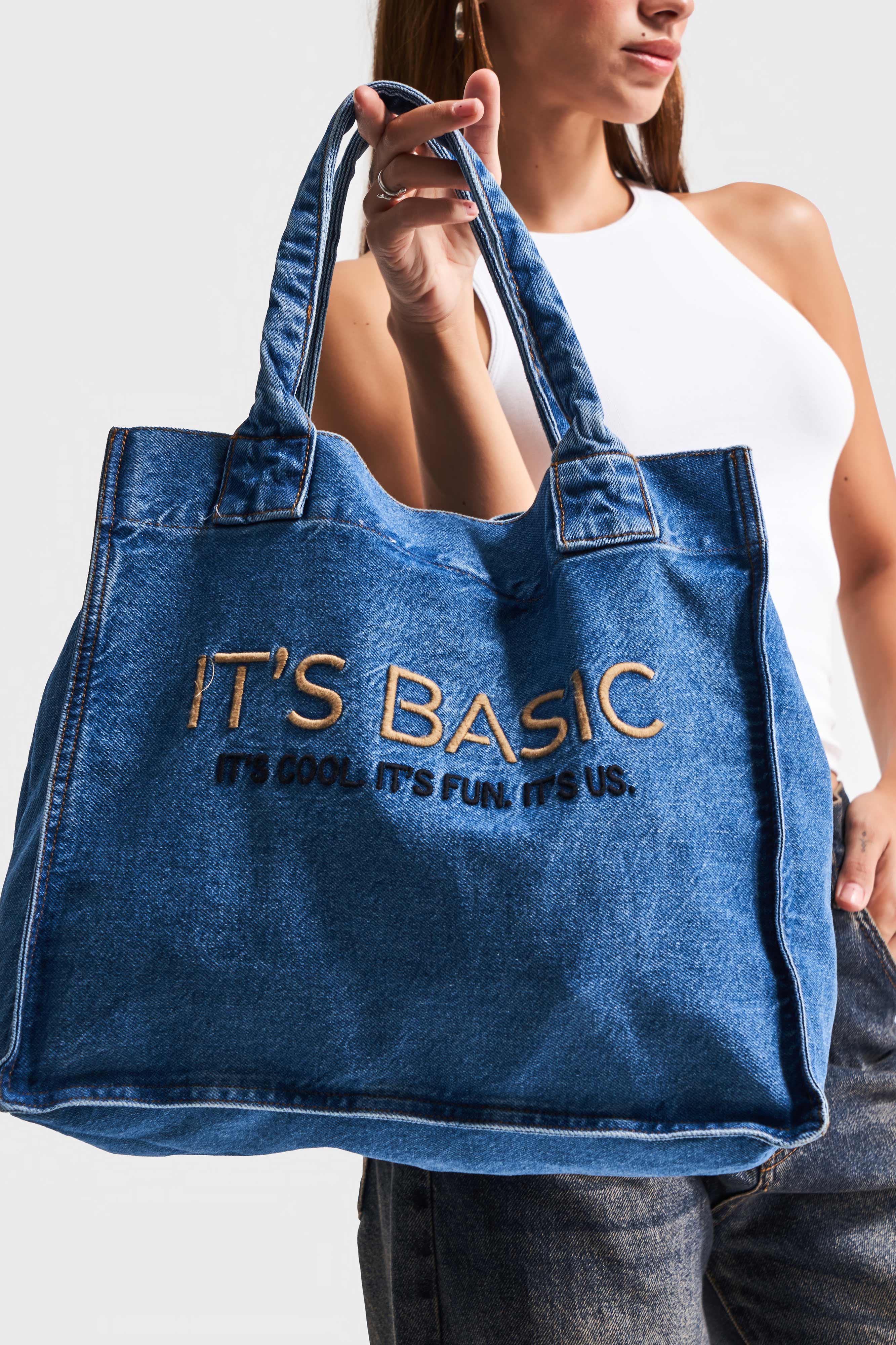 Its basic Embroidered Gusseted Shoulder Denim Bag in Blue Denim Color