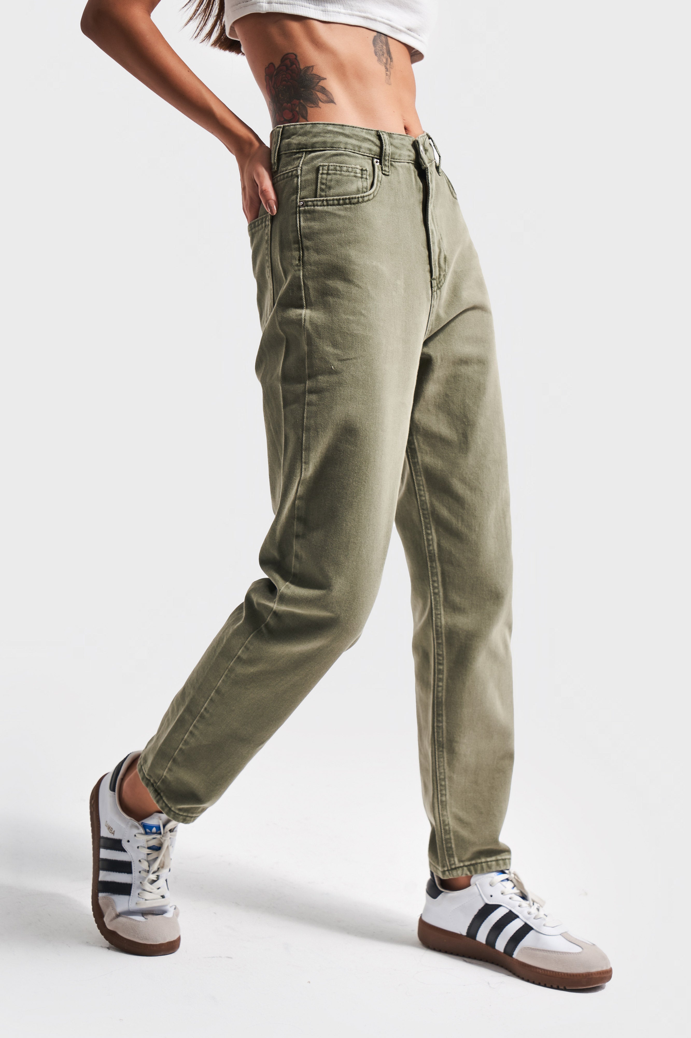 Coral High Waist Khaki Women Mom Jeans