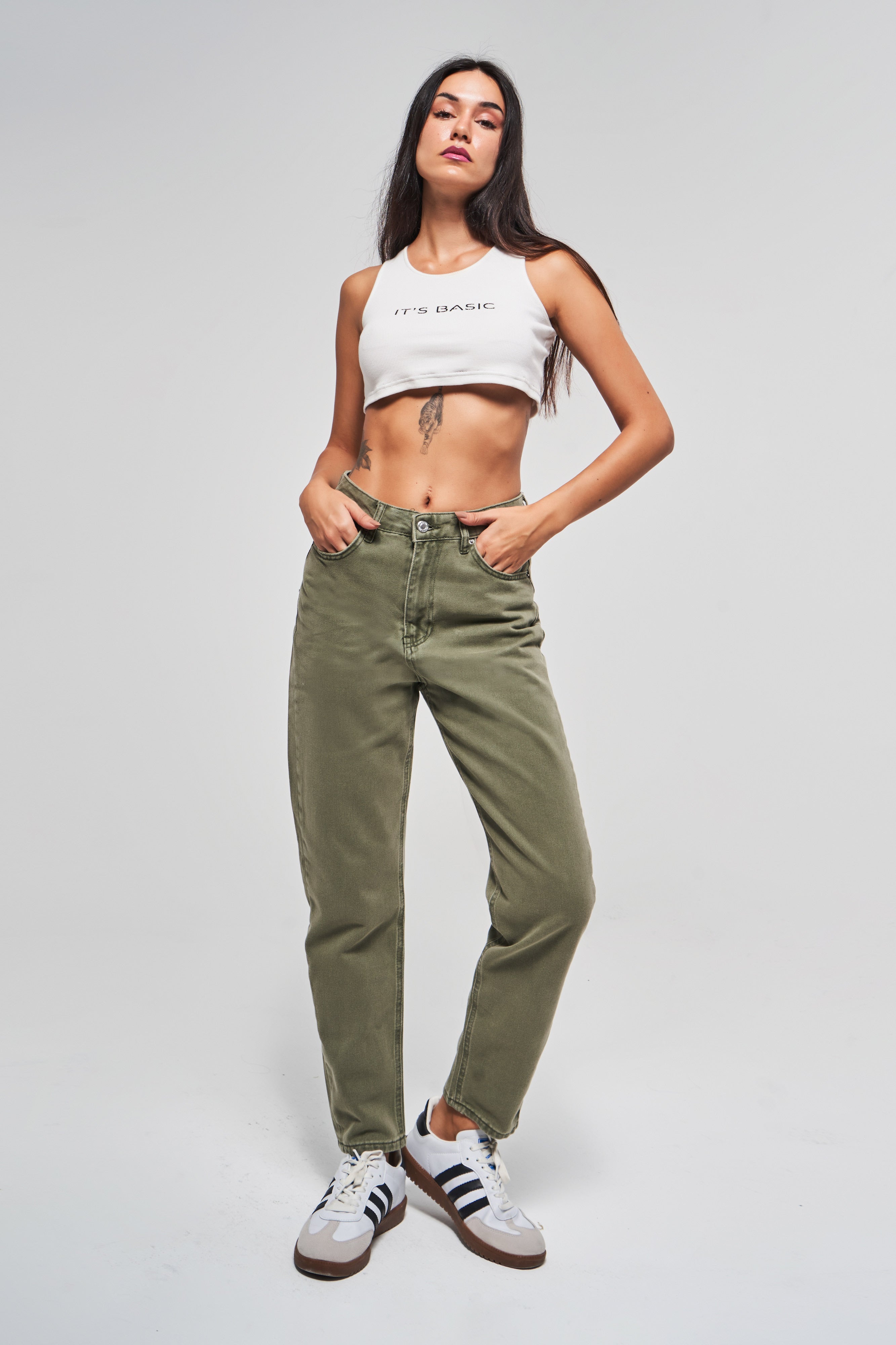 Coral High Waist Khaki Women Mom Jeans