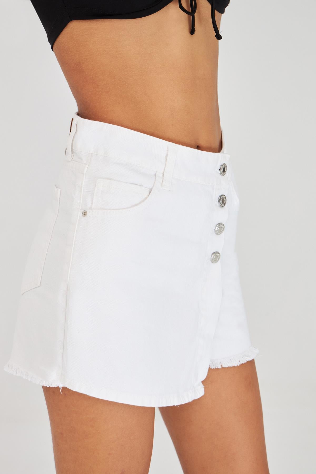 Buttoned Front White Color Women's Jean Shorts Skirt