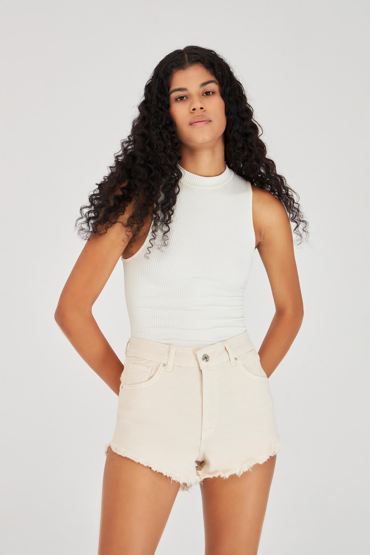 High Waist Beige Mini Shorts