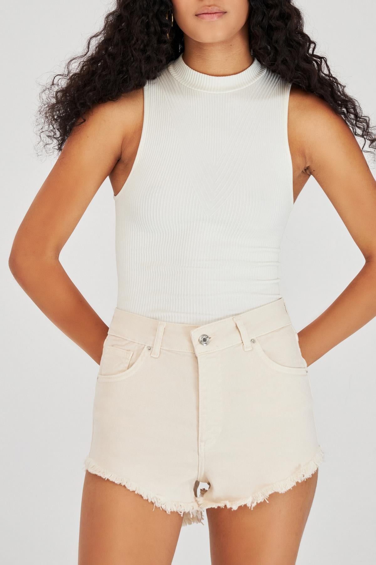 High Waist Beige Mini Shorts