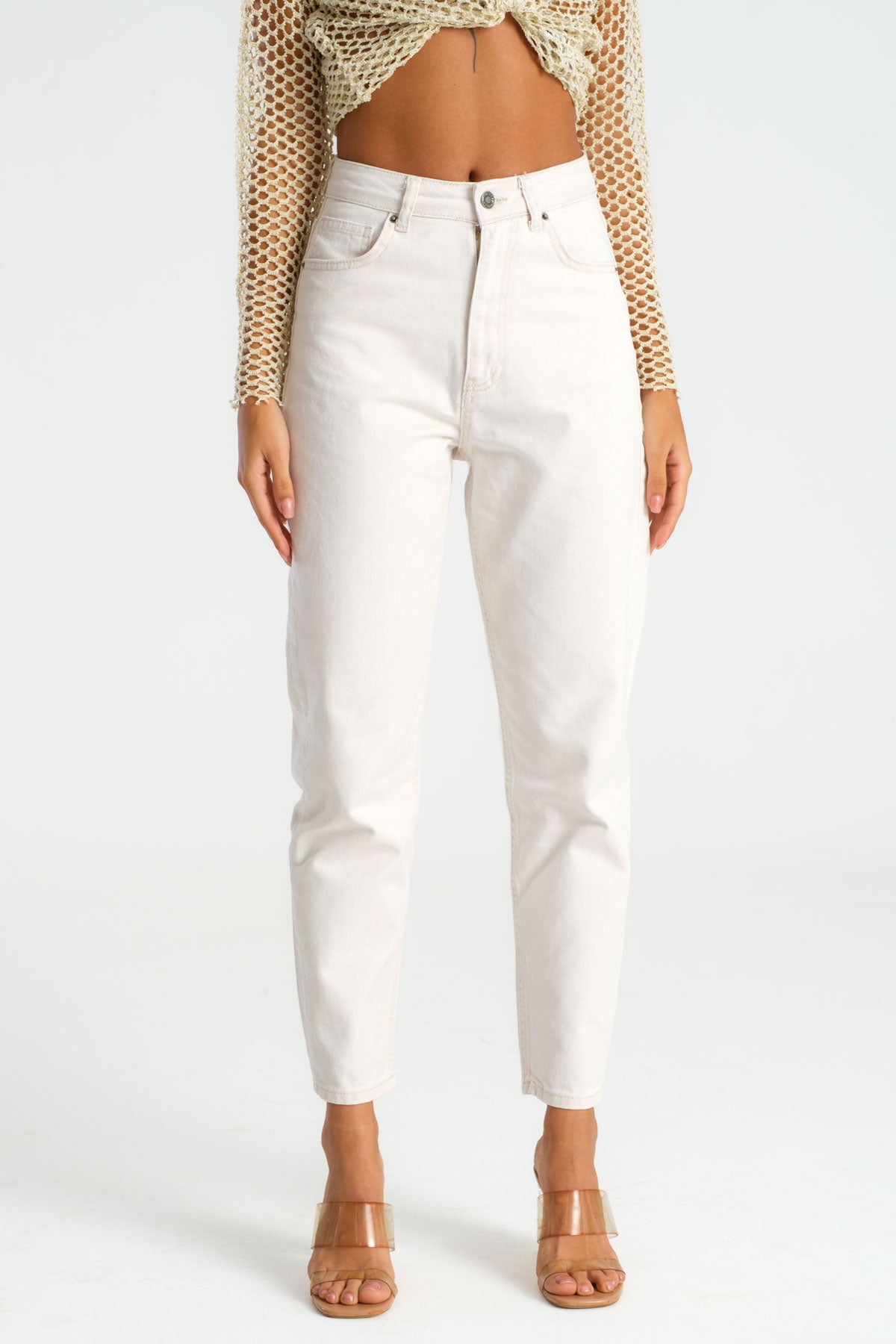 High Waist Beige Mom Jeans